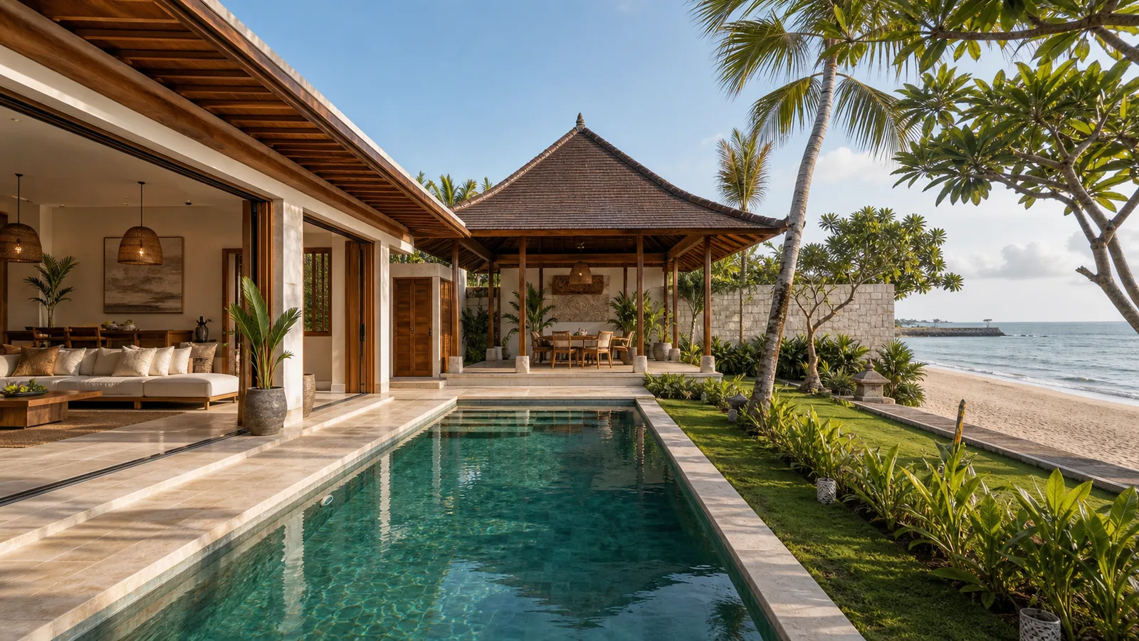 Nusa Dua beachfront villa with private pool and ocean beyond palms