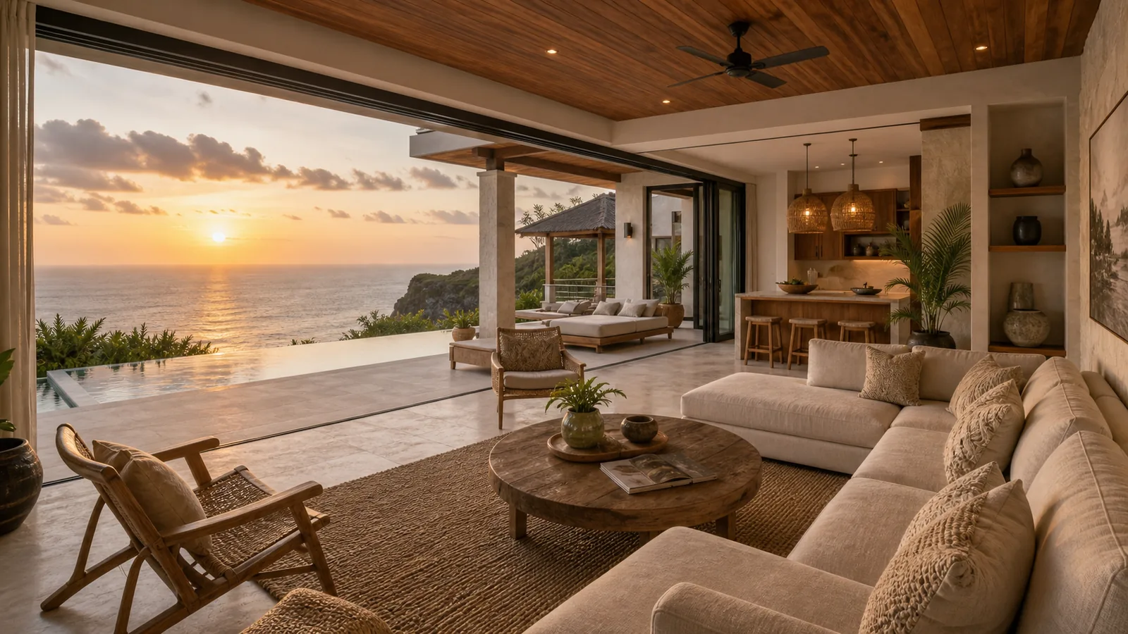 Uluwatu cliffside villa living room with infinity pool and ocean horizon