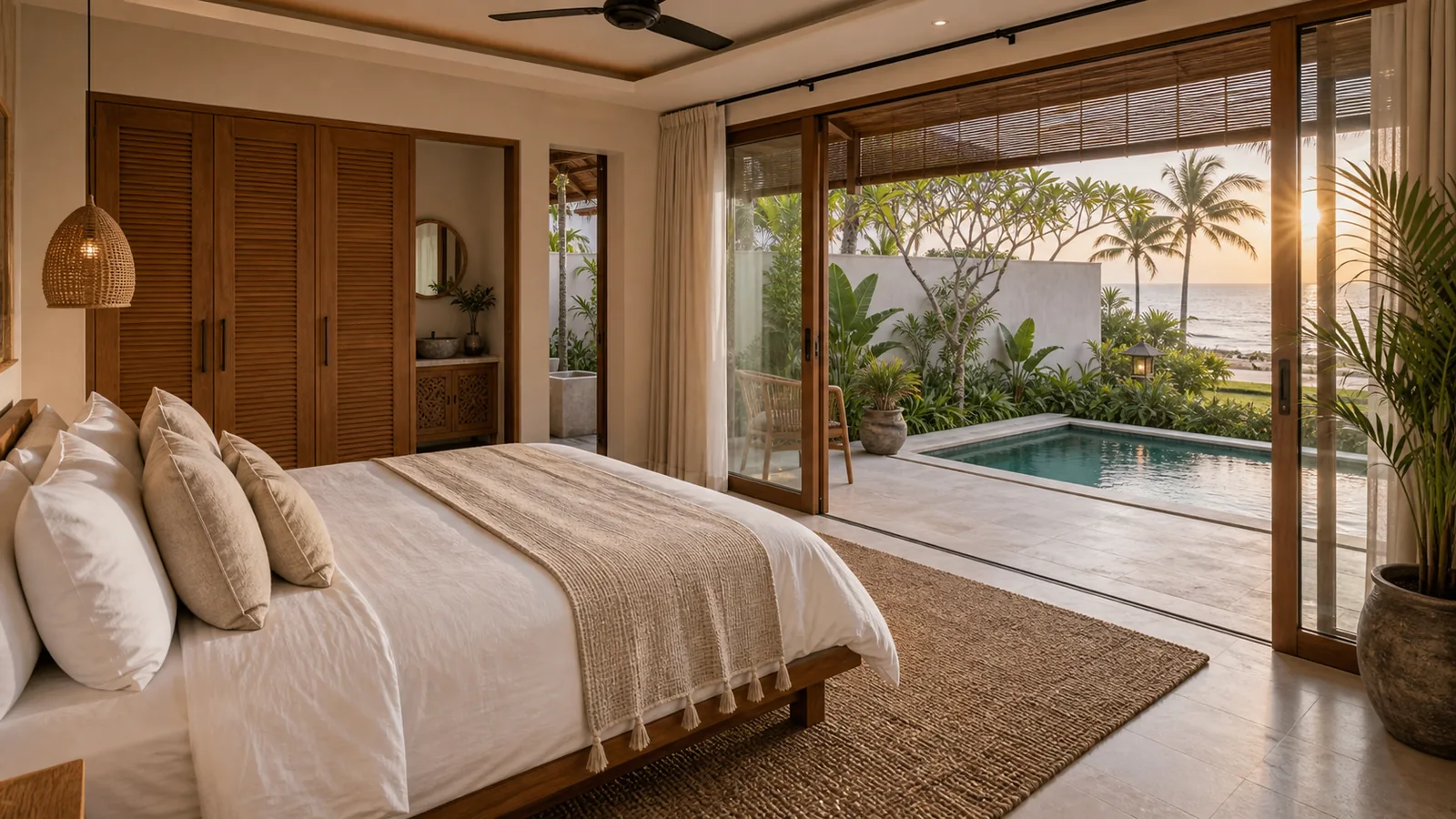 Sanur beachside villa primary bedroom opening to terrace and pool