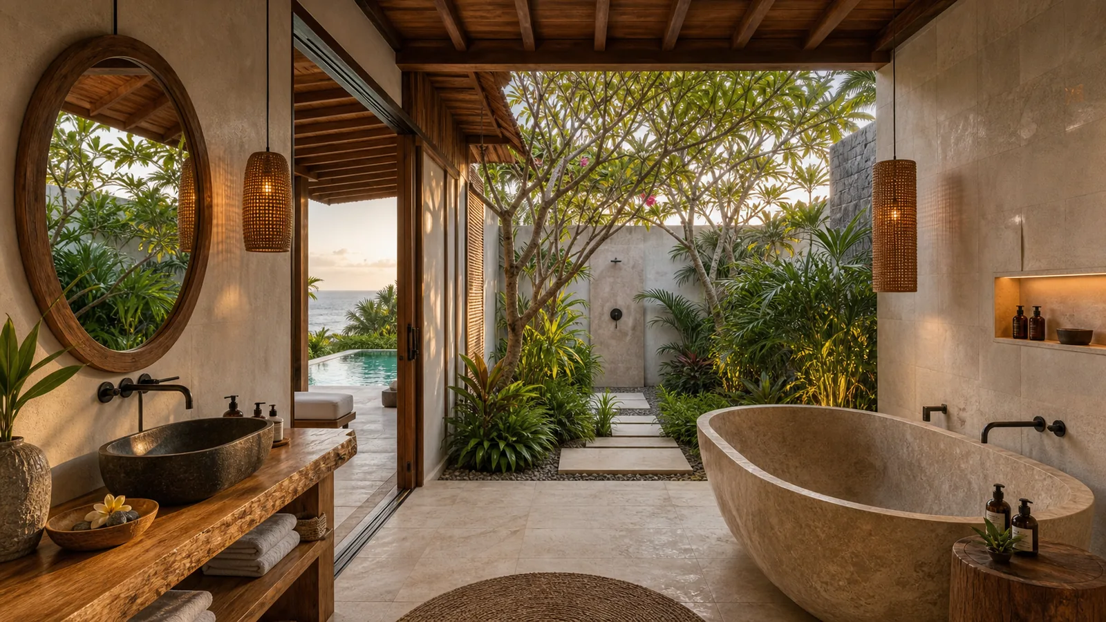 Jimbaran beachside villa open-air bathroom with stone bathtub