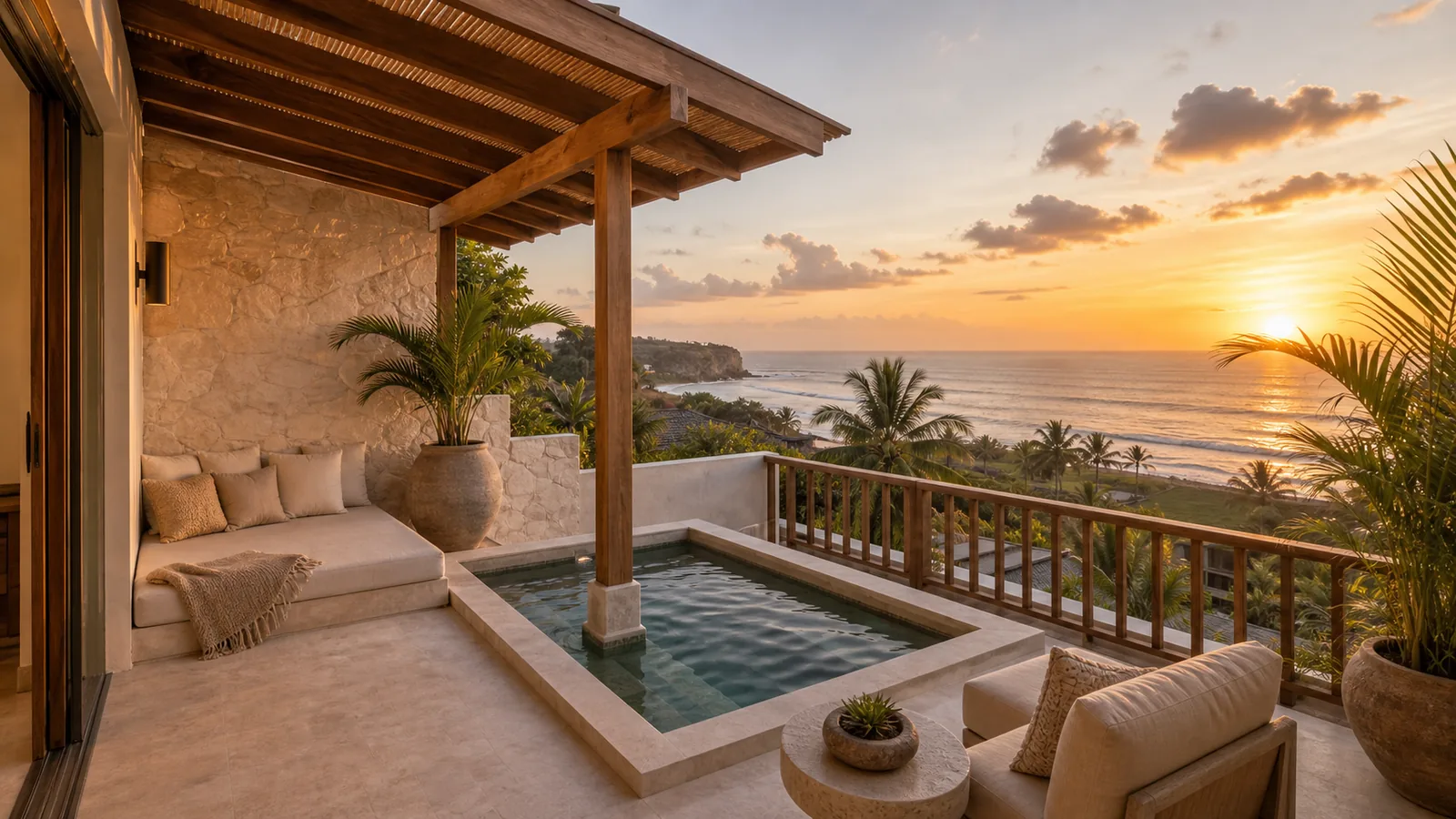 Bingin coastal villa upper-floor terrace with plunge pool and ocean horizon