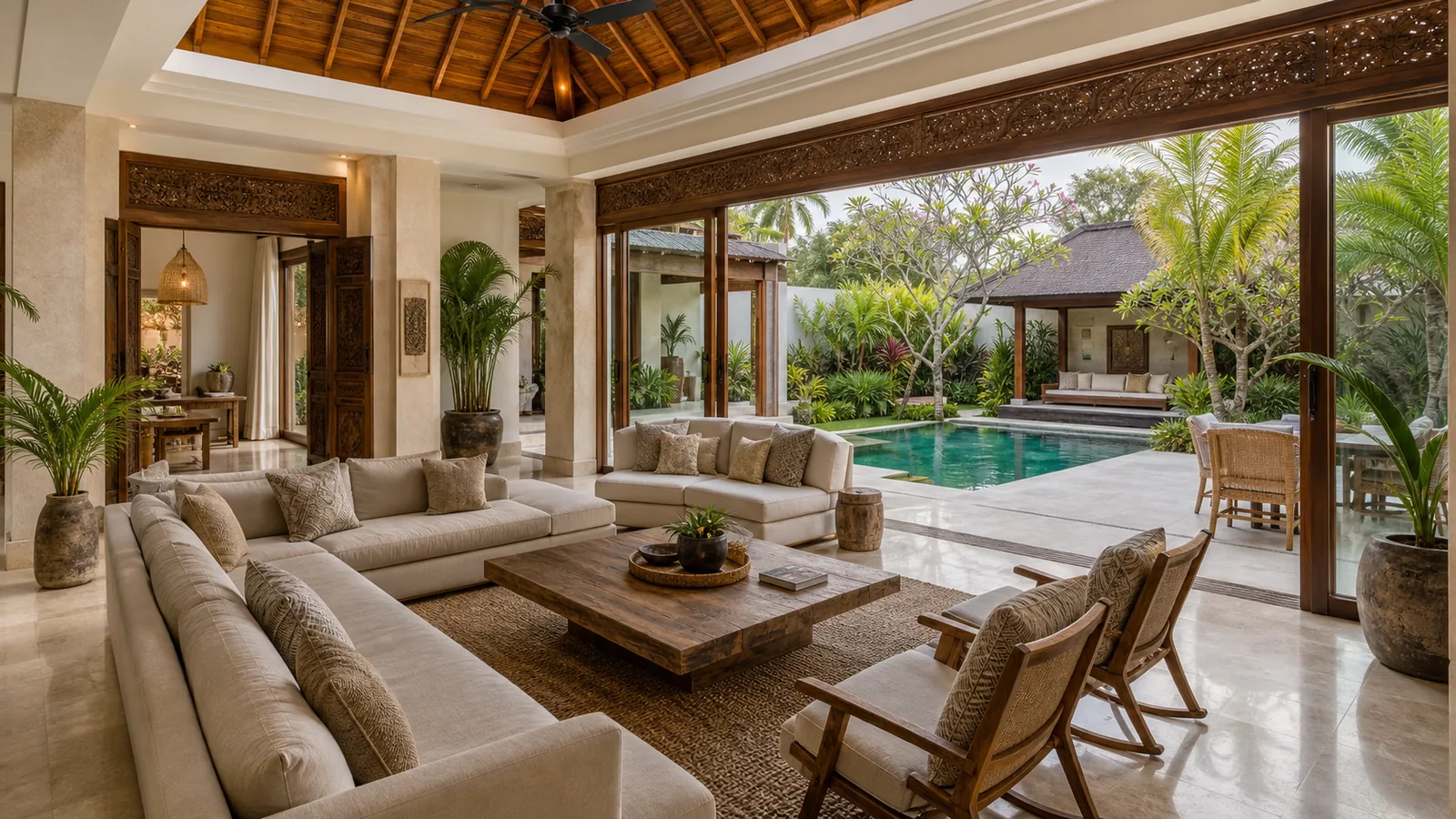 Nusa Dua estate villa enclosed living room opening to broad pool terrace