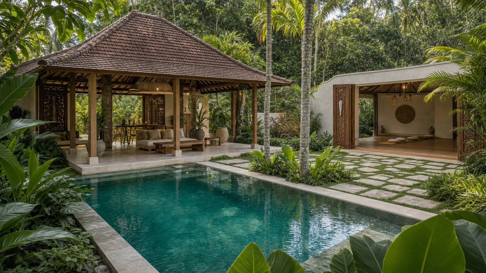 Ubud estate villa pool pavilion with yoga shala and jungle backdrop
