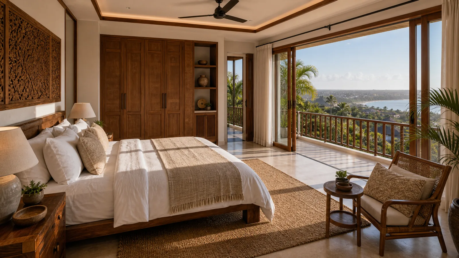 Jimbaran hillside villa primary bedroom with balcony and bay view