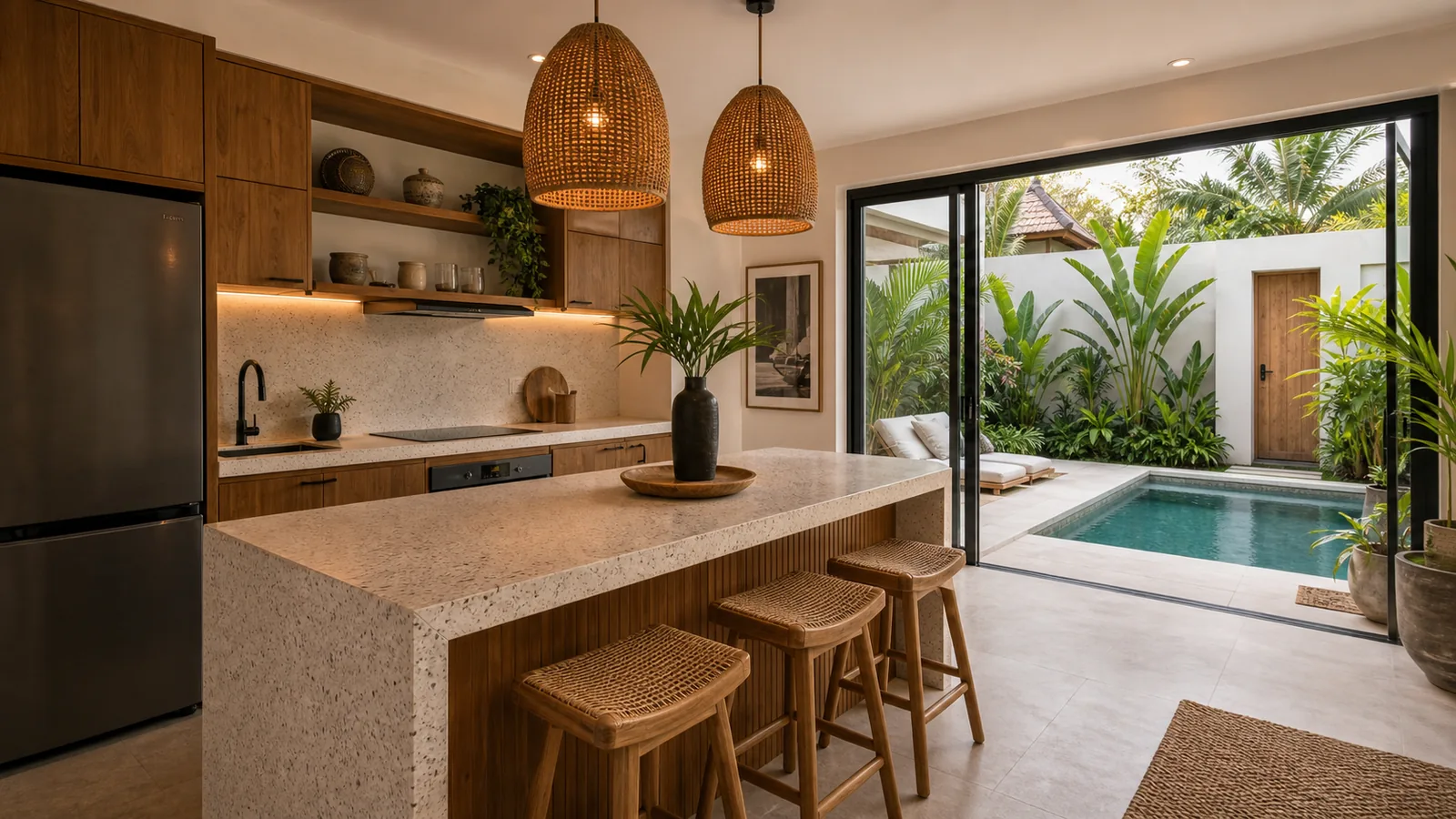 Seminyak established villa kitchen and breakfast bar beside pool courtyard