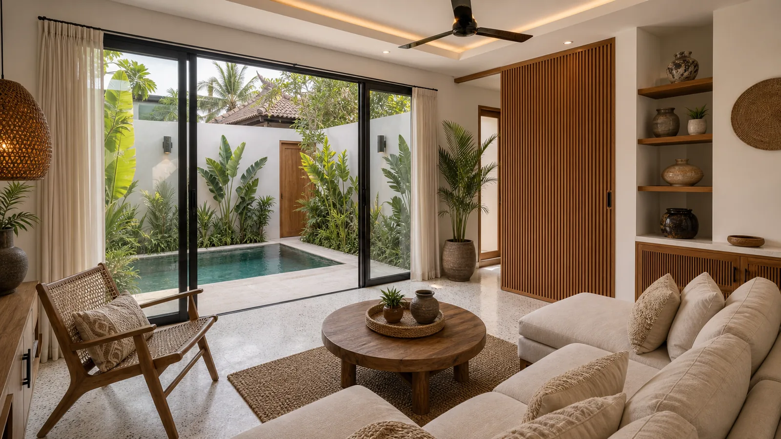Berawa compact leasehold villa living room opening to plunge pool