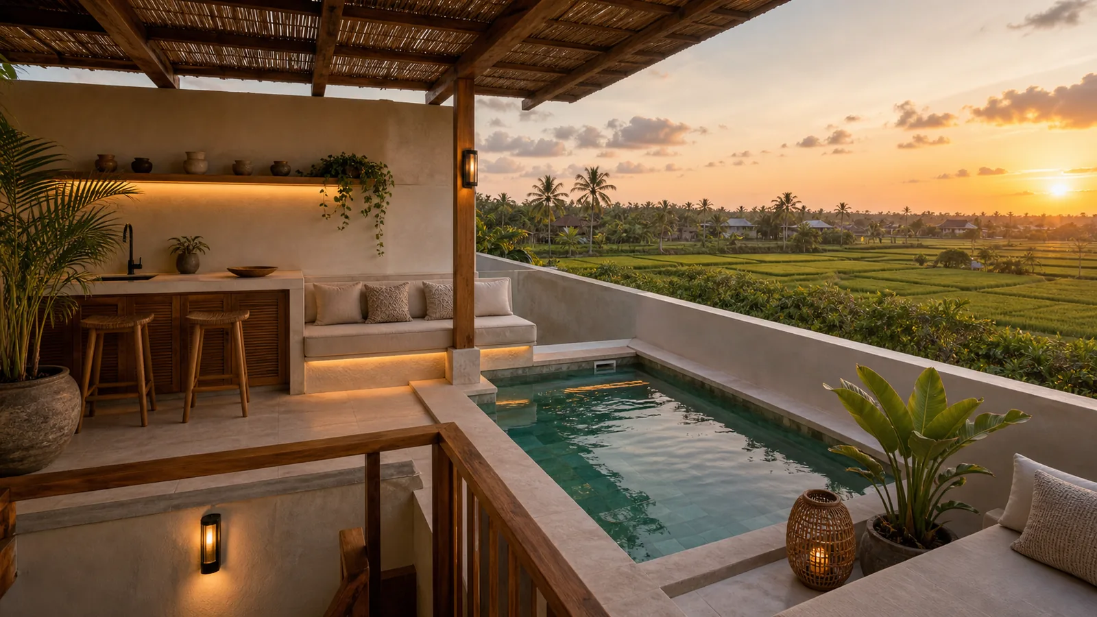 Seseh leasehold villa rooftop with plunge pool and rice-field view