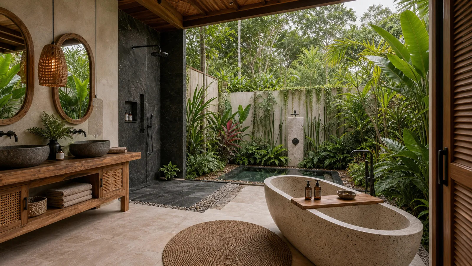Ubud leasehold wellness villa semi-open bathroom with garden