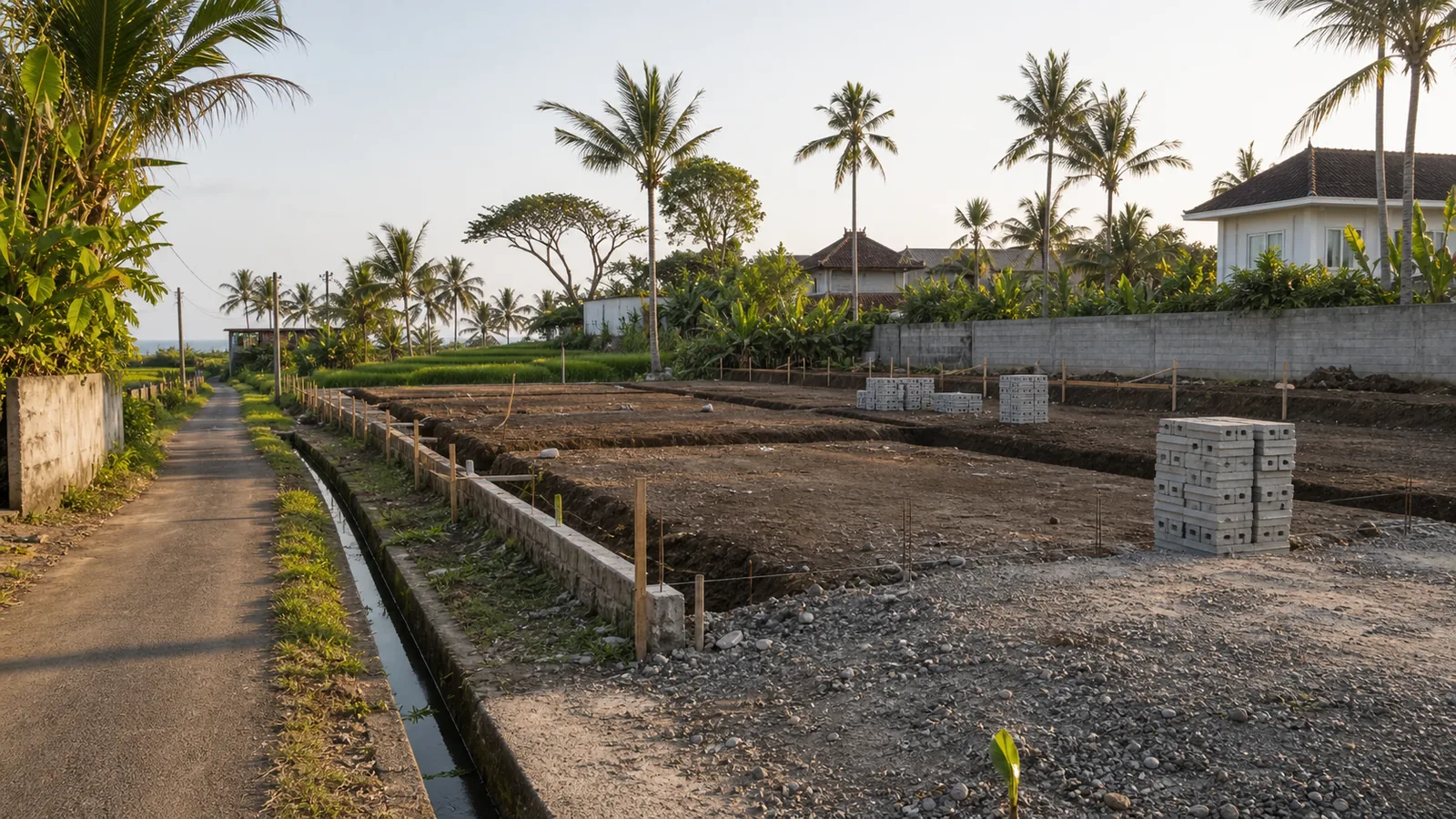 Seseh off-plan villa plot with access road and drainage channel