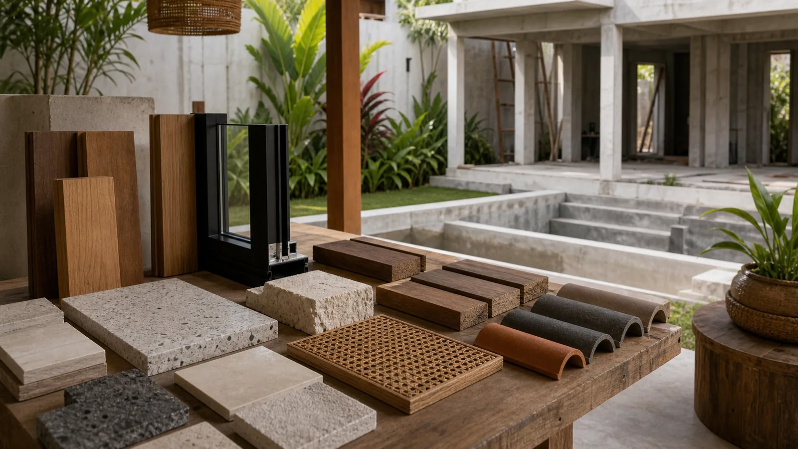 Off-plan Bali villa material samples beside a partially finished courtyard