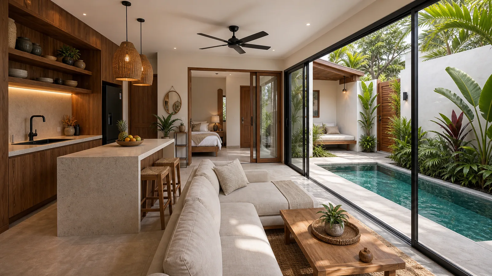 Berawa off-plan show villa interior opening to a plunge pool