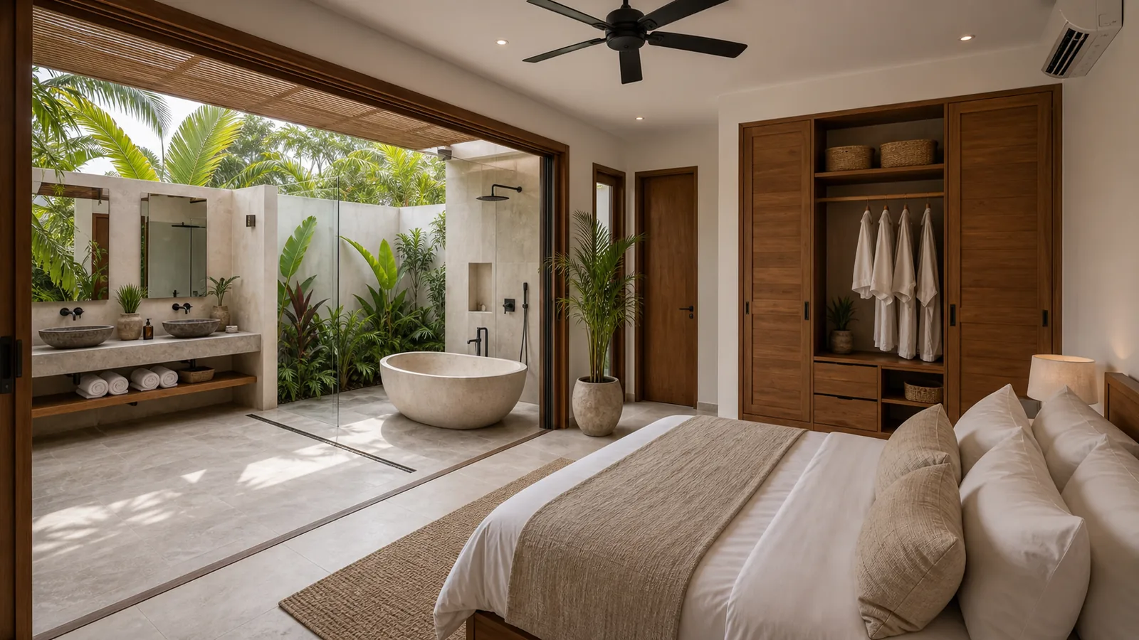 Newly completed Bali villa bedroom and semi-open bathroom for handover inspection