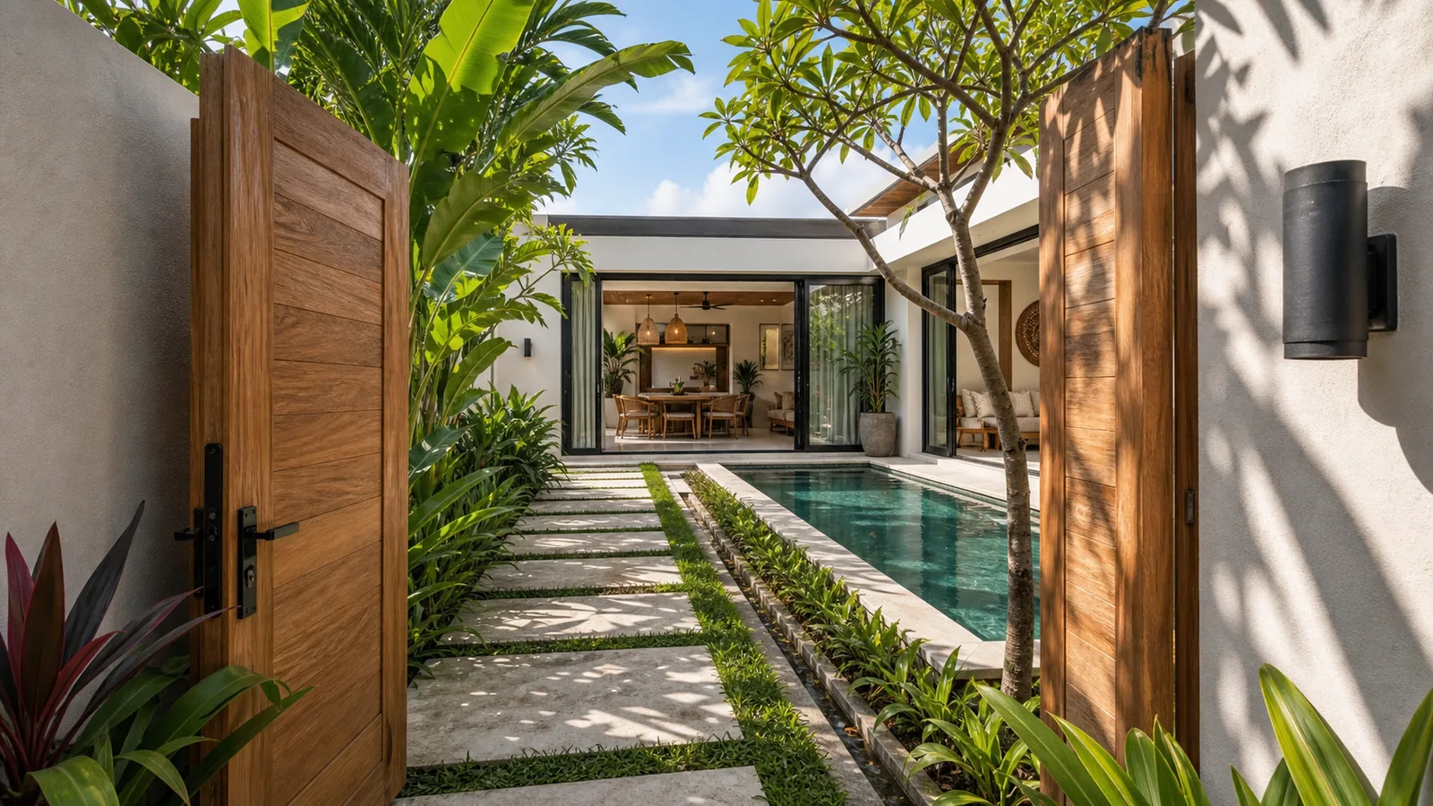 Pererenan villa courtyard with pool and visible drainage edge