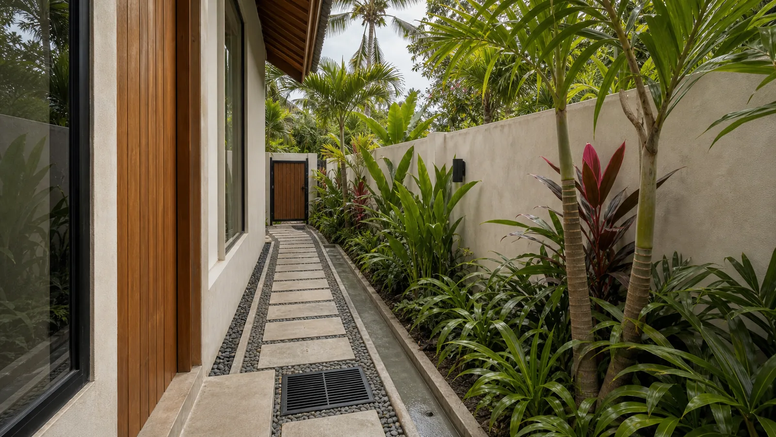 Canggu villa side passage with drainage channel and boundary wall