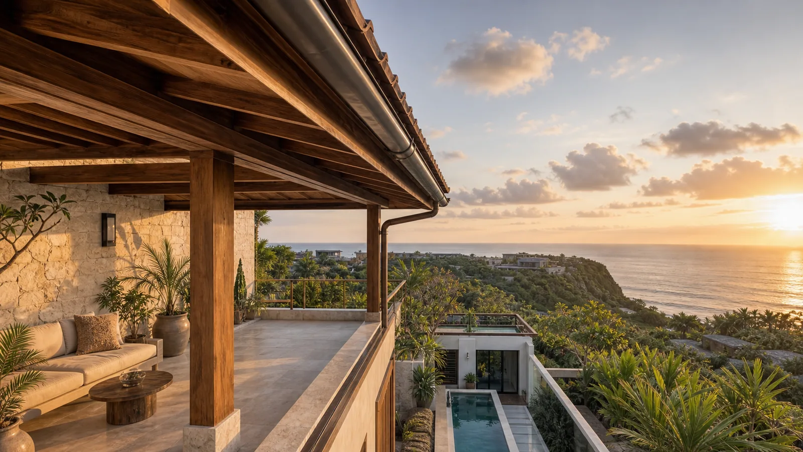 Uluwatu villa terrace showing roofline and pool below