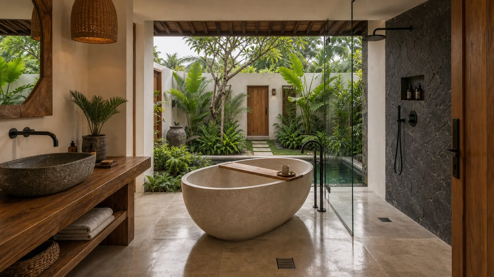Ubud villa semi-open bathroom with floor drain and garden courtyard