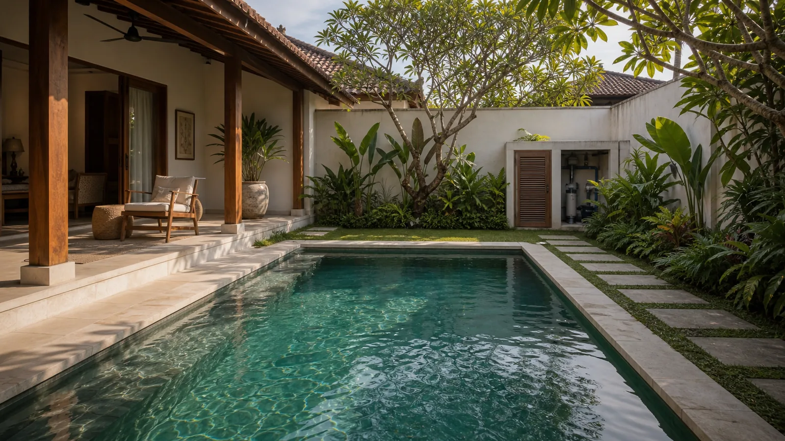 Sanur residential villa pool courtyard with equipment access door