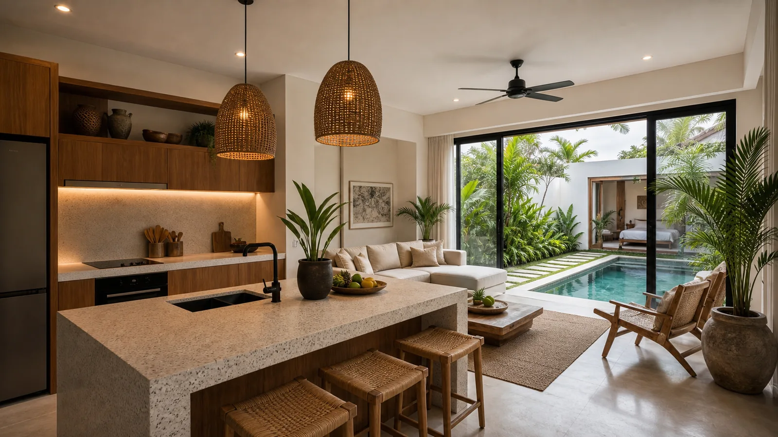 Seminyak villa kitchen and living room with open doors to pool courtyard