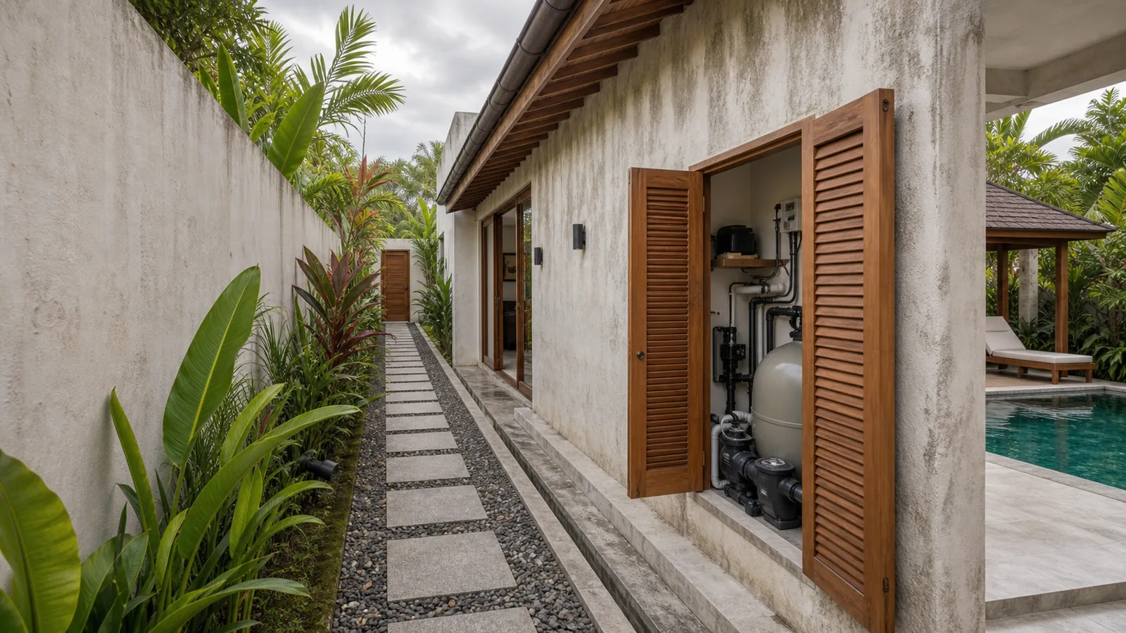Canggu villa side path showing lease-age and maintenance condition