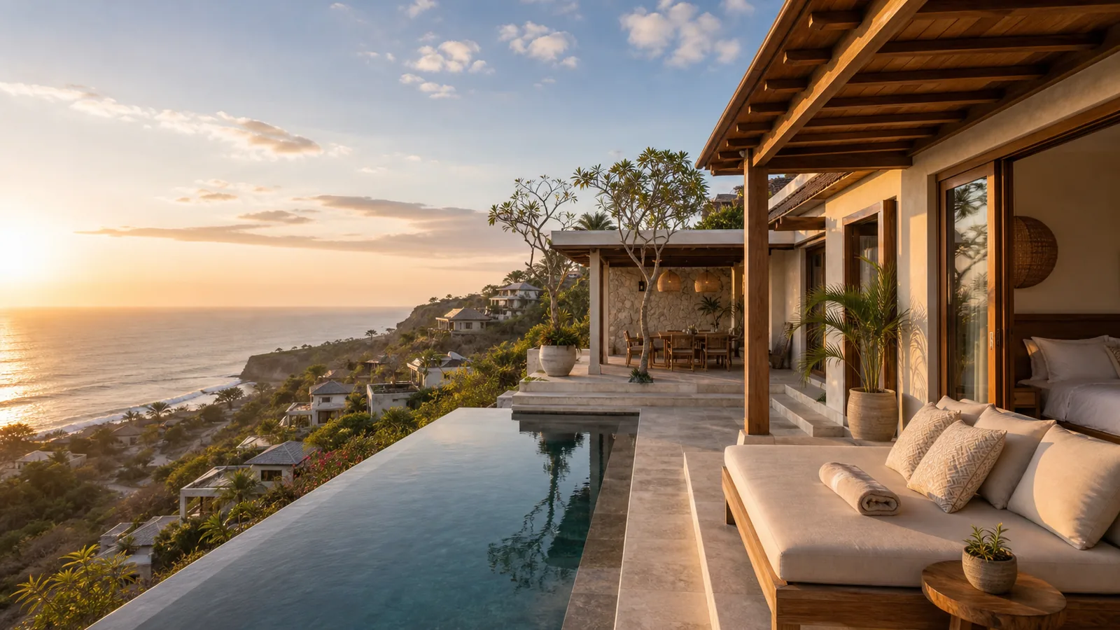 Uluwatu villa terrace with protected ocean-view corridor