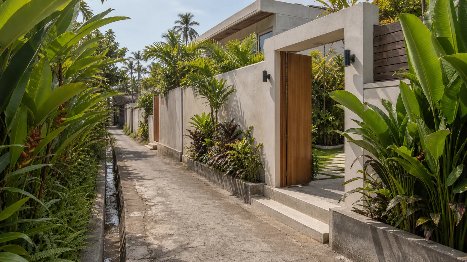 Narrow Bali villa access lane showing a listing due diligence risk