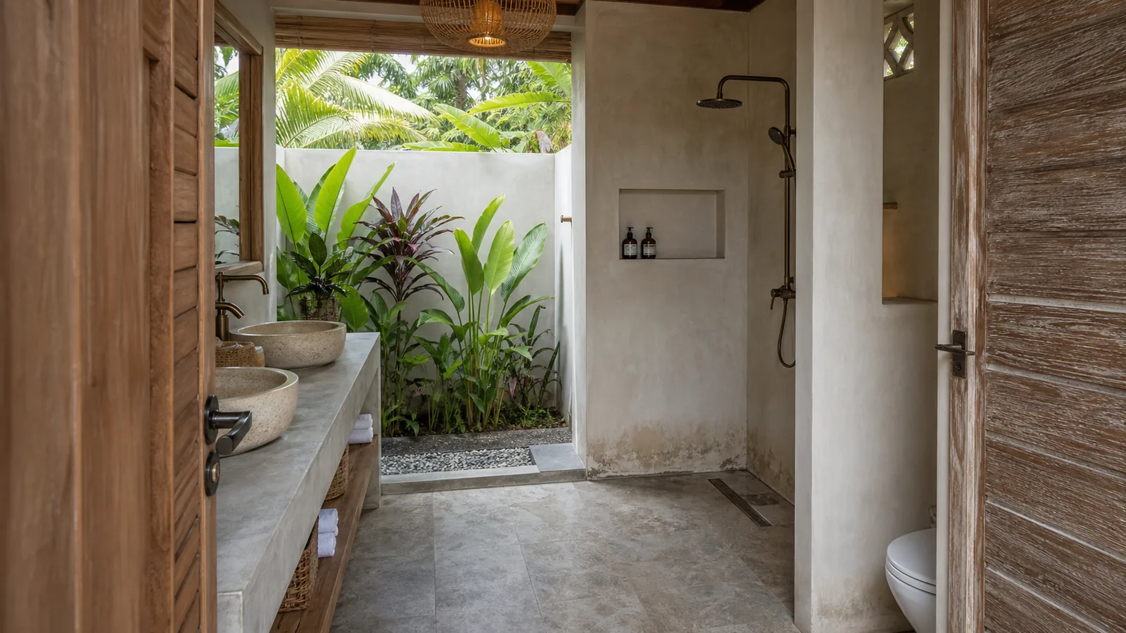 Semi-open Bali villa bathroom with subtle maintenance red flags