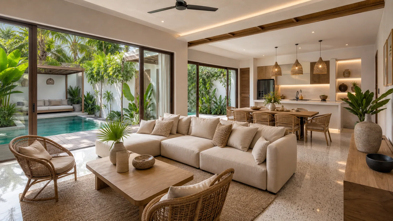Over-staged Seminyak villa living room prepared for listing photos