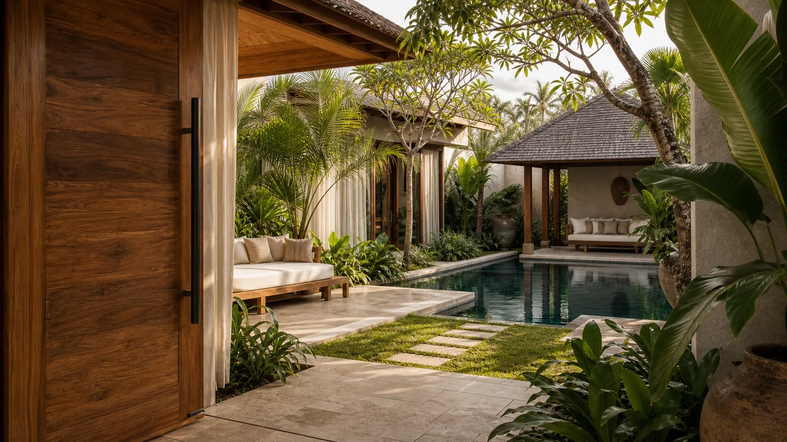 Seminyak luxury courtyard villa entrance and pool garden