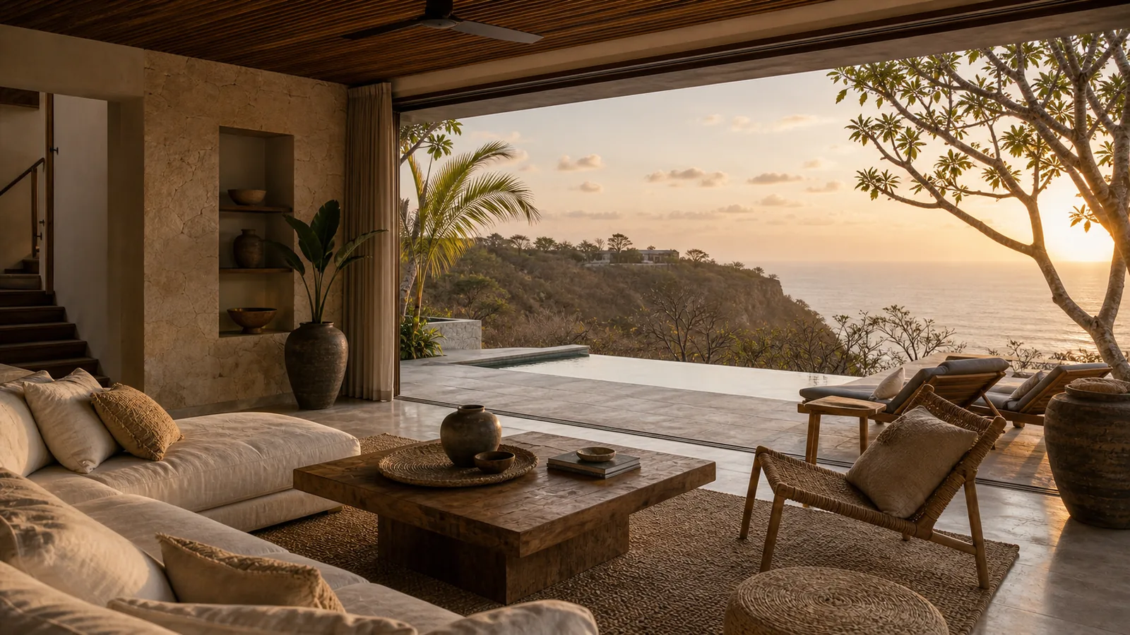 Uluwatu cliffside villa living room opening to infinity pool