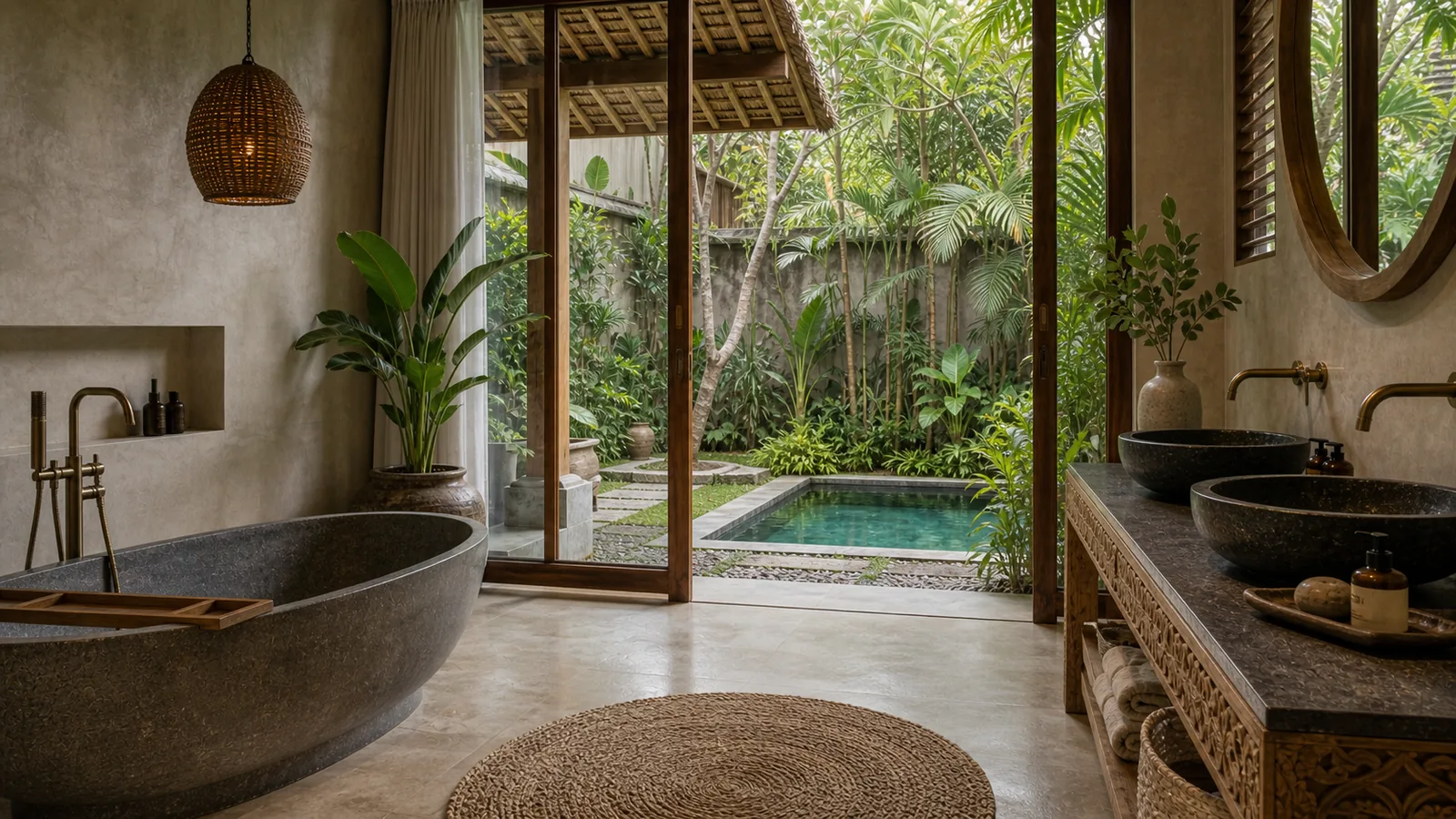 Ubud jungle retreat villa spa bathroom with garden pool