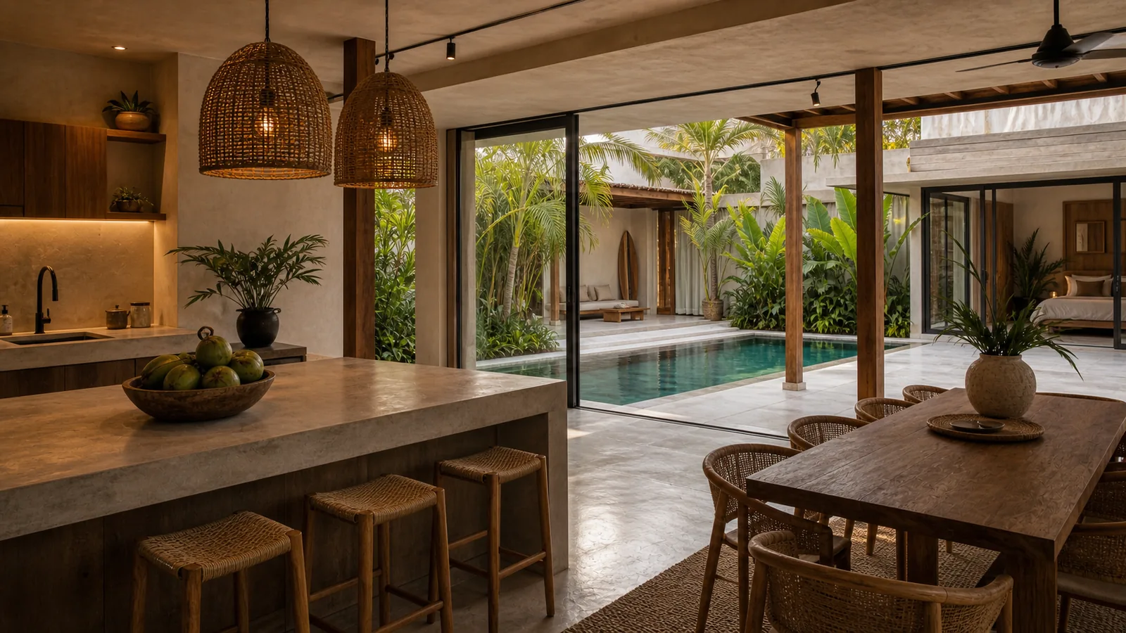 Canggu modern tropical villa kitchen beside courtyard pool