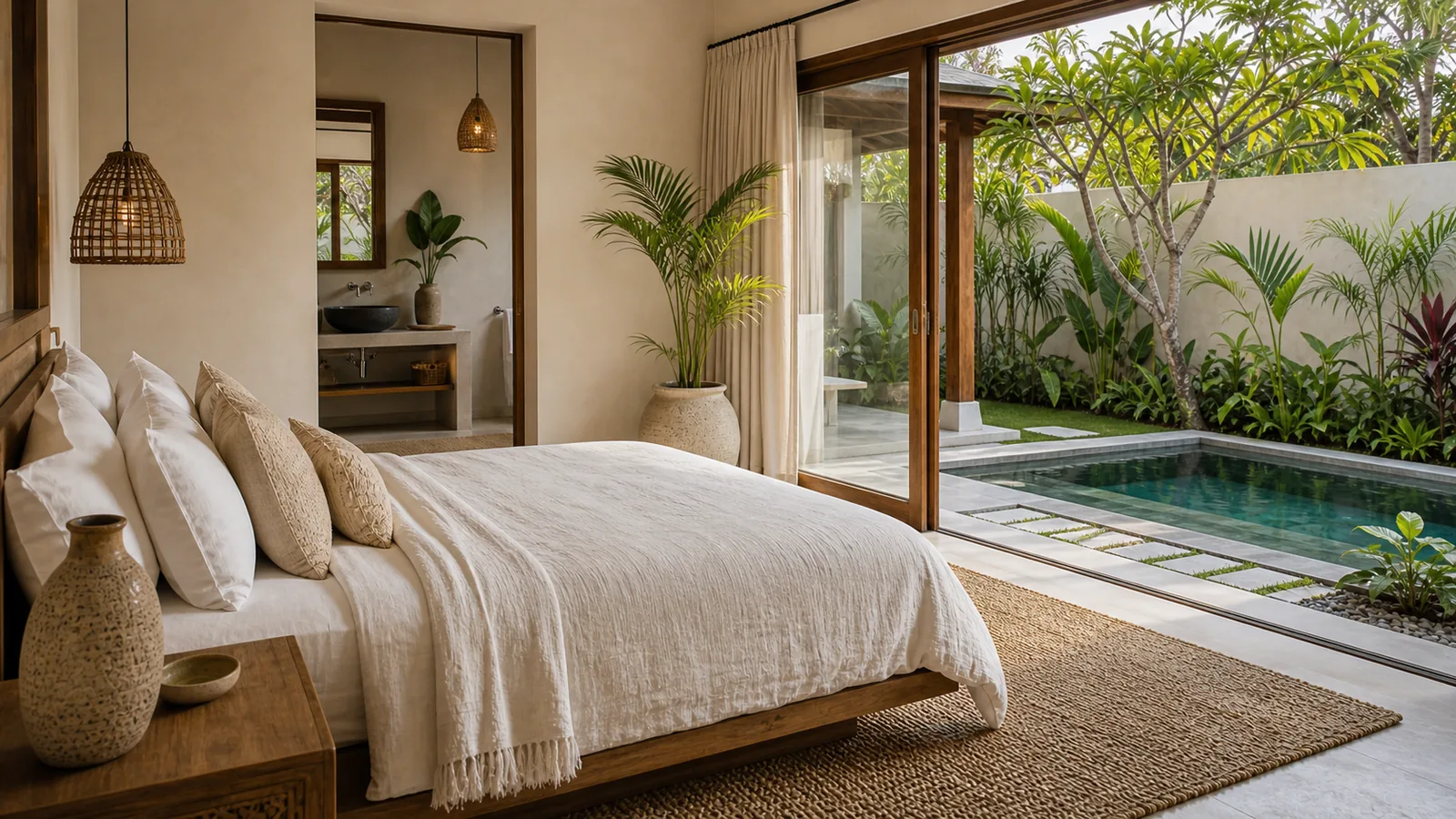 Sanur family garden villa bedroom opening to plunge pool
