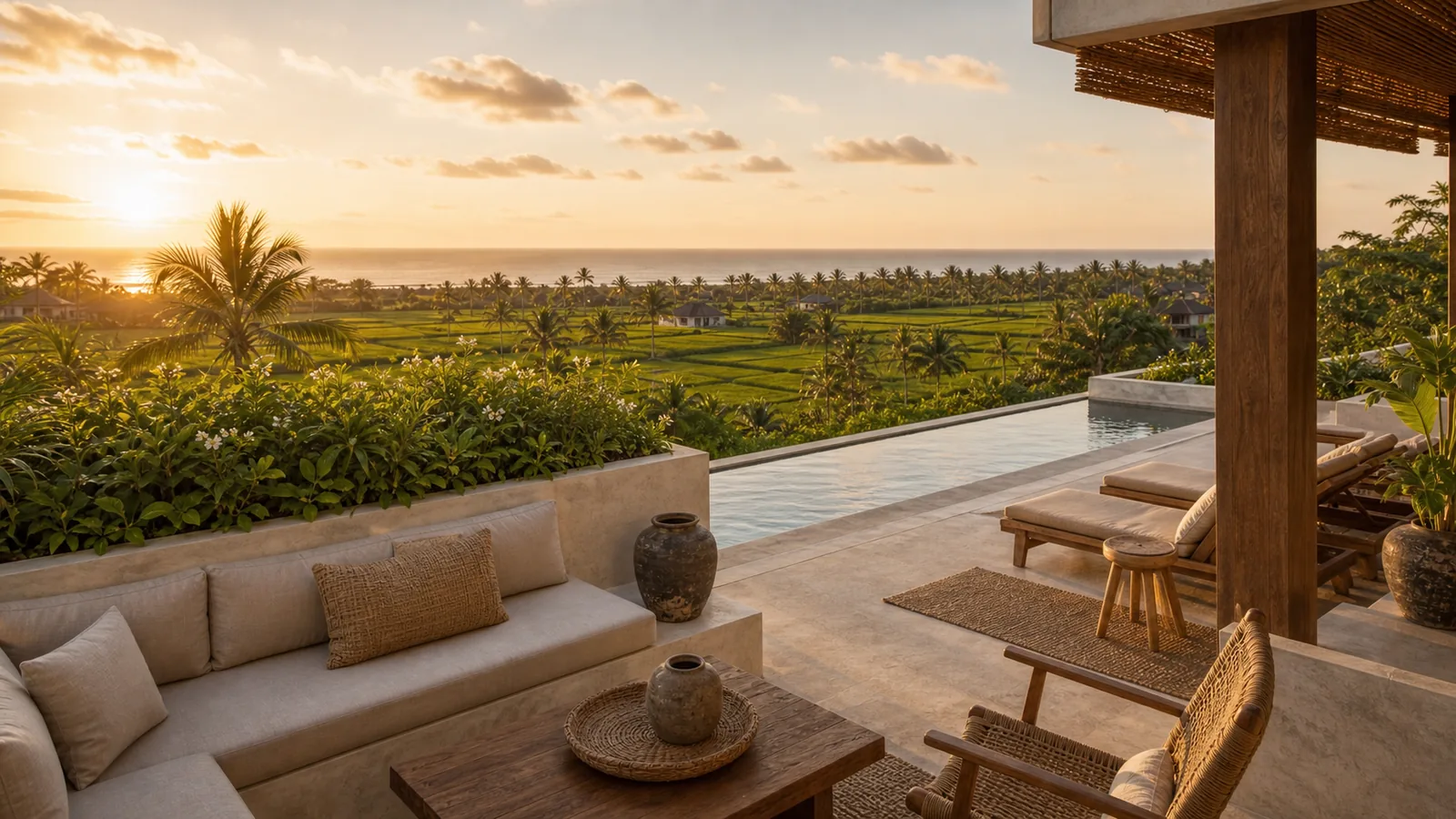 Pererenan rooftop terrace and pool with rice-field coastal view