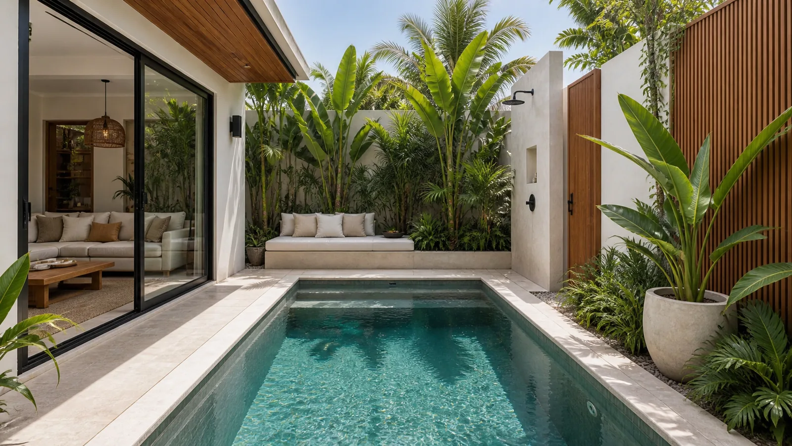 Berawa compact villa pool deck with plunge pool and outdoor shower