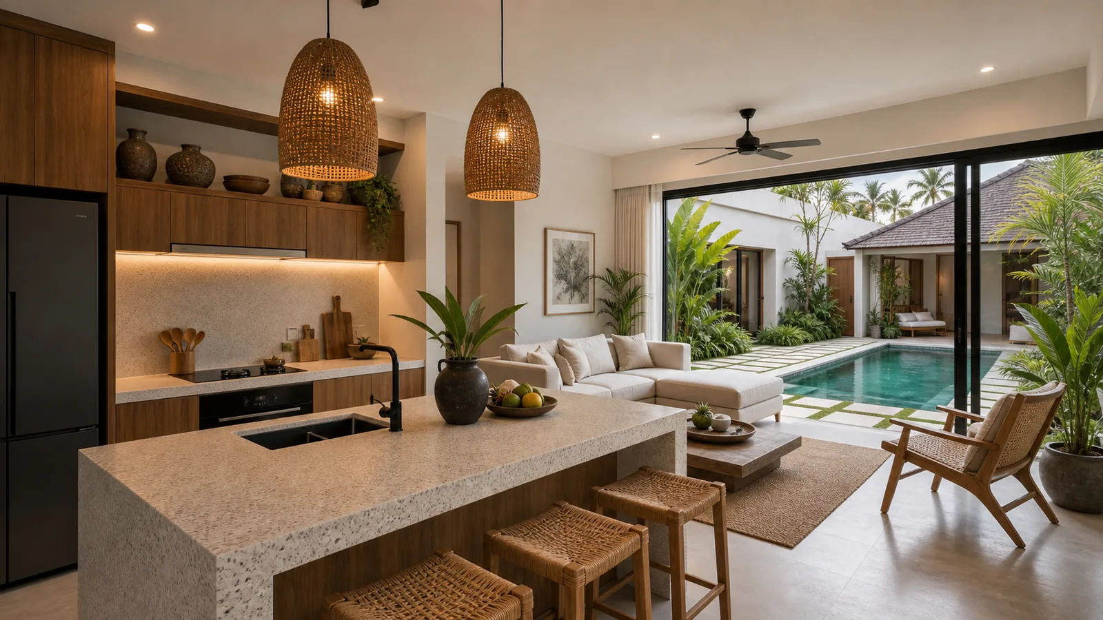 Canggu mid-range villa kitchen and living pavilion beside courtyard pool