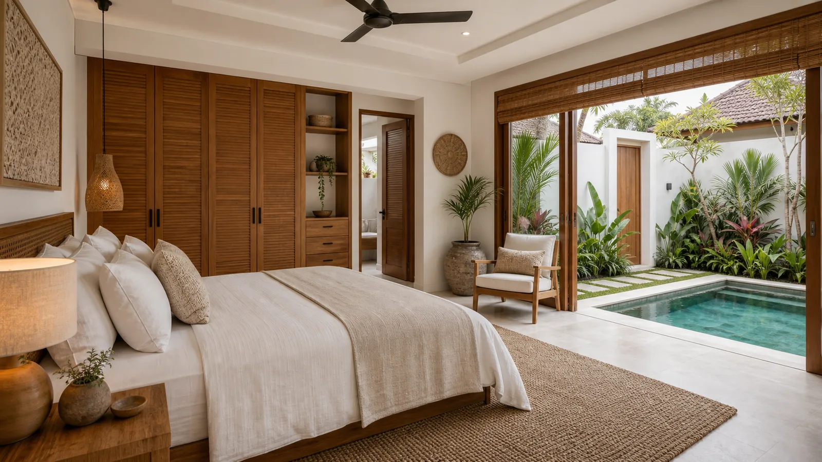 Sanur family villa primary bedroom opening to courtyard pool