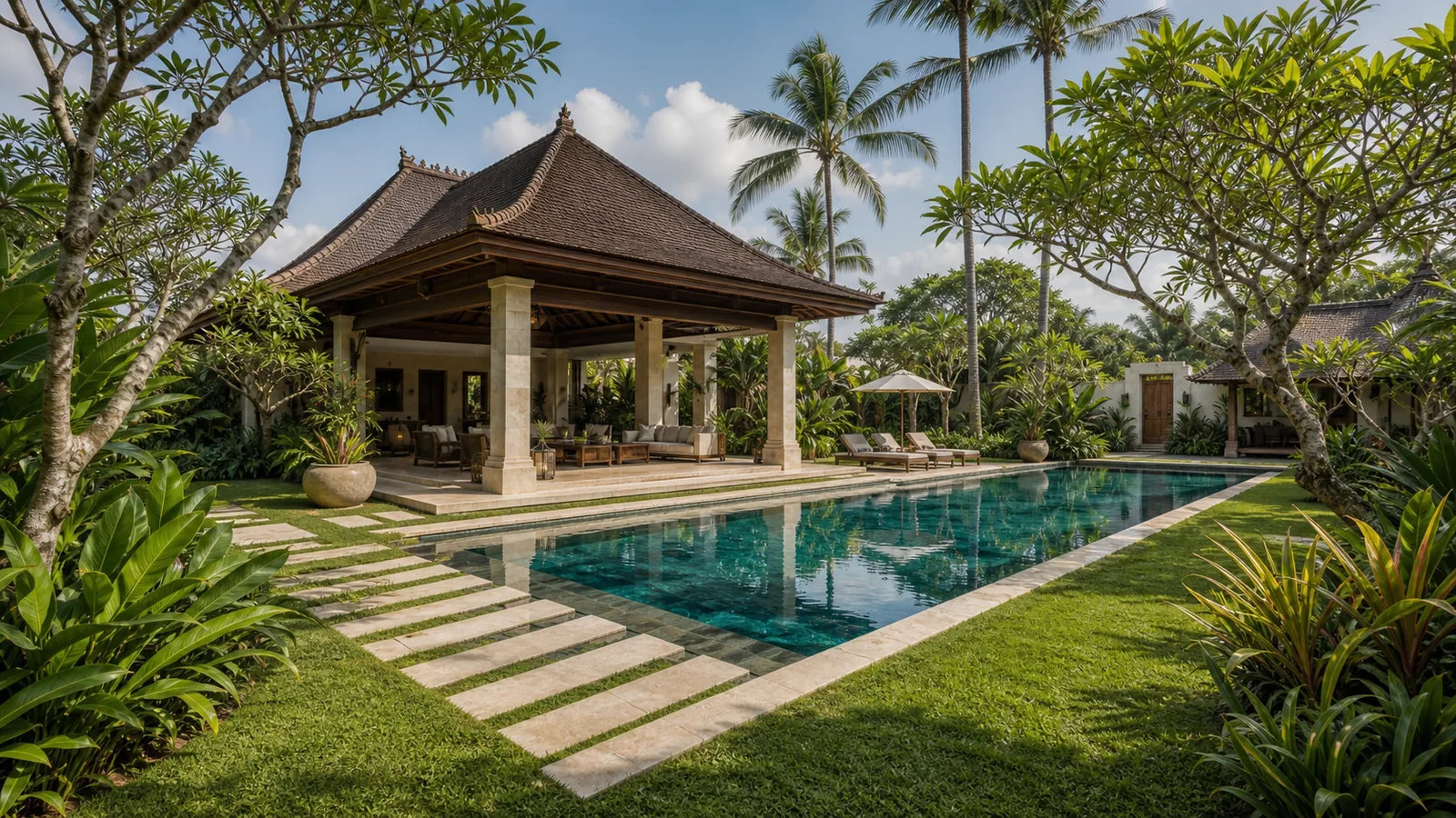Nusa Dua luxury estate villa pool pavilion with long lap pool