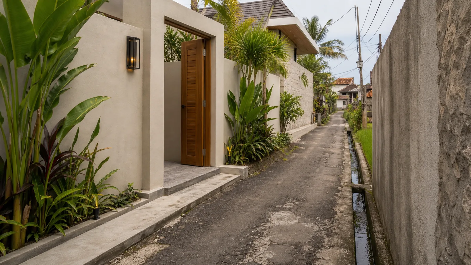Seseh villa entrance on a narrow shared access lane