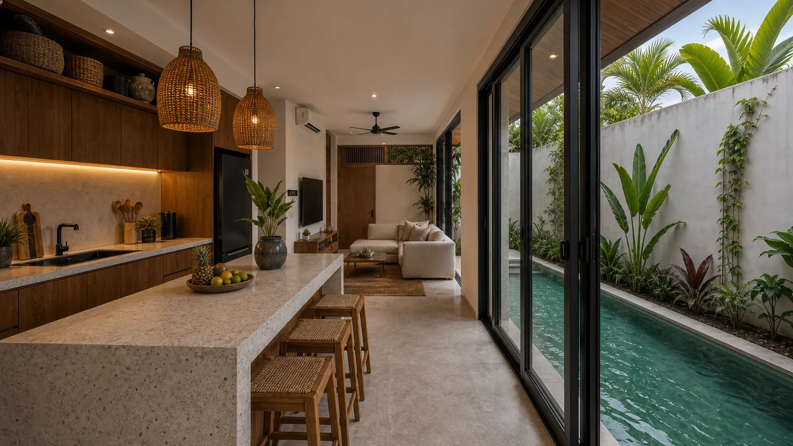 Seminyak villa living room with cramped indoor outdoor flow