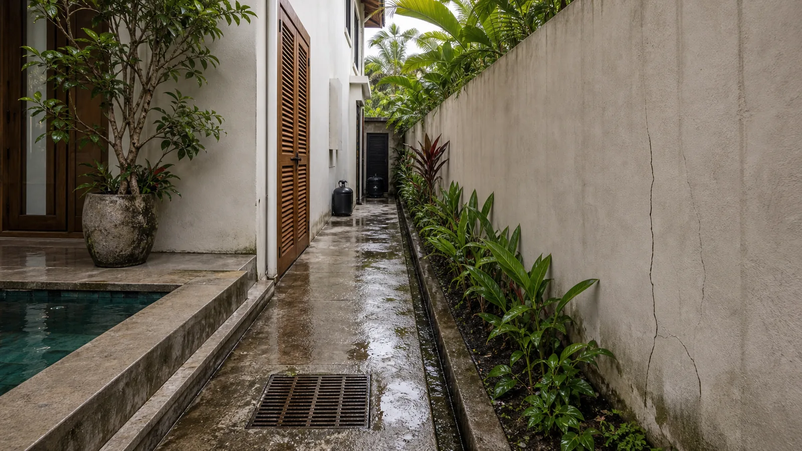 Canggu villa side passage with drainage and boundary issues