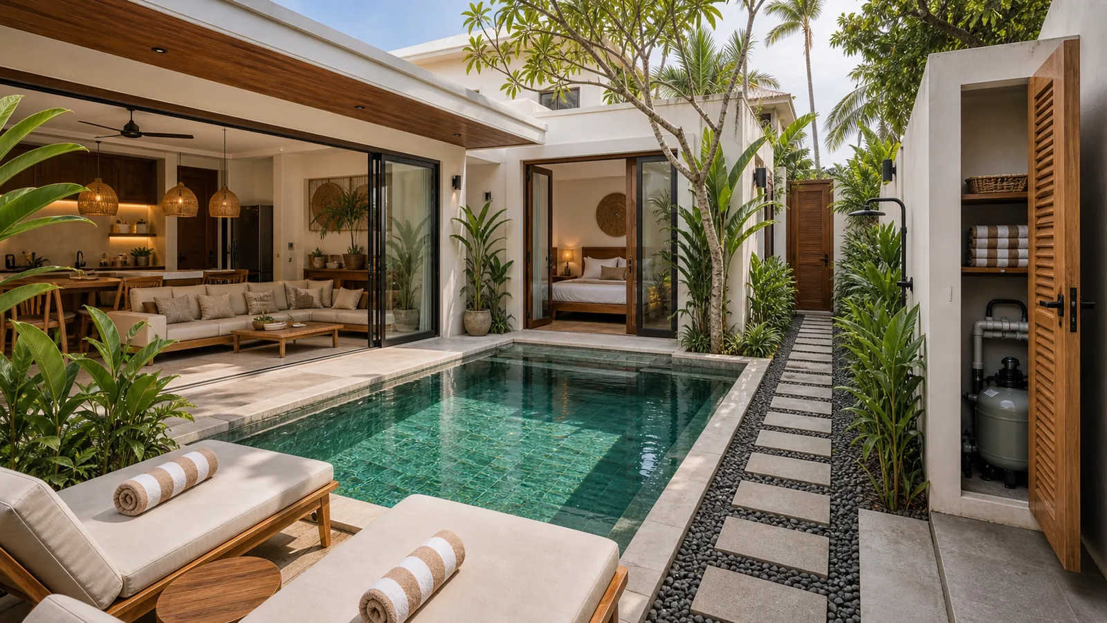 Canggu villa courtyard showing pool and service access