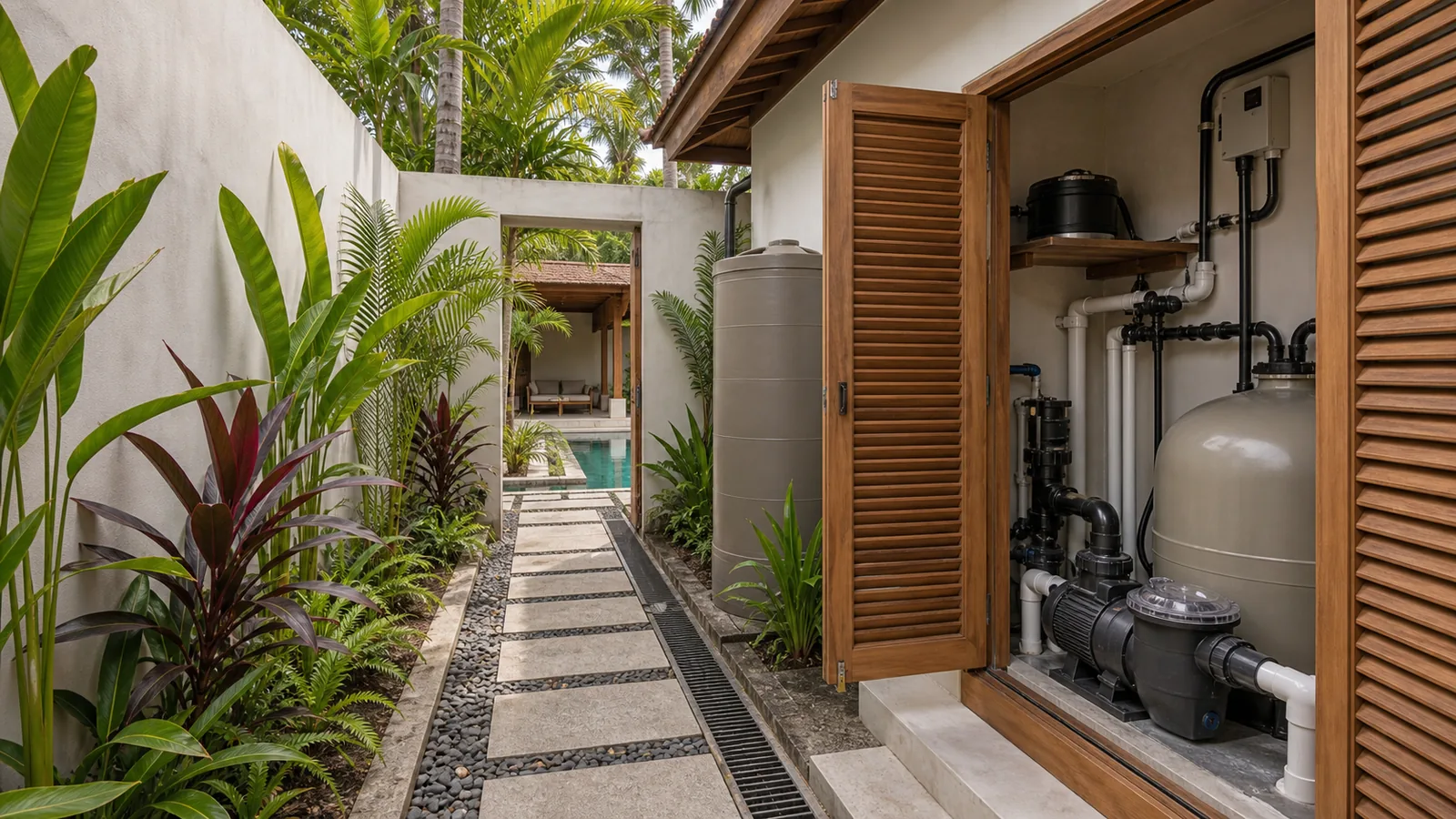 Berawa villa pool equipment access area beside the courtyard