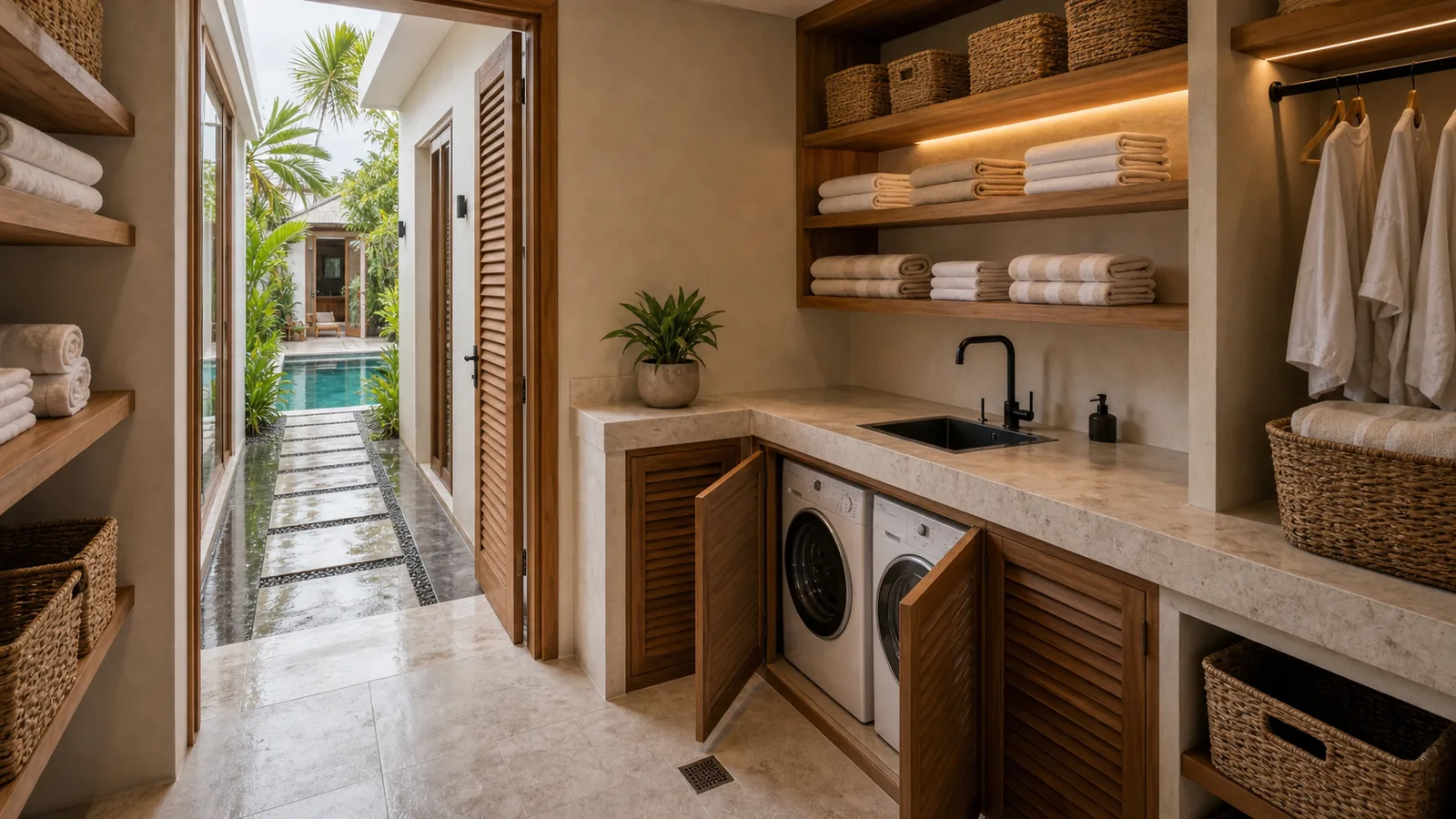 Bali villa linen storage and laundry turnover room