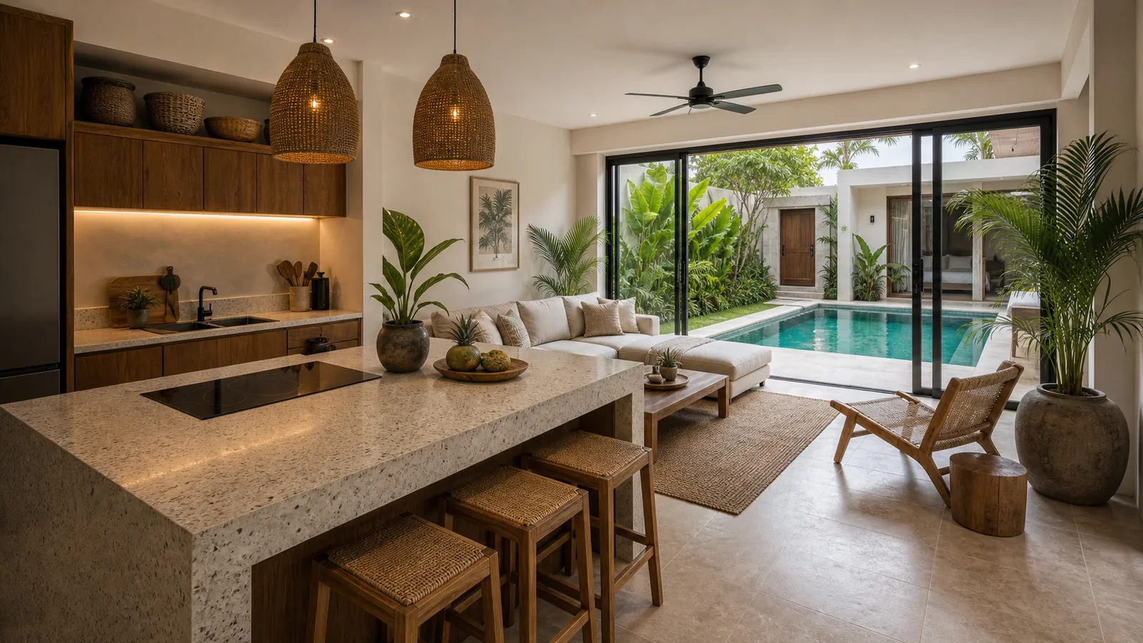 Seminyak villa kitchen and living room with durable rental finishes
