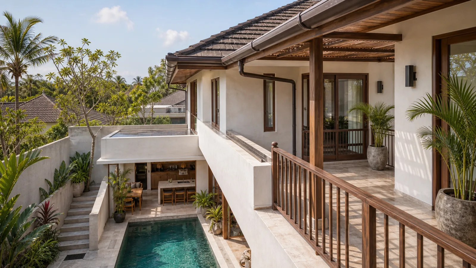 Uluwatu villa terrace showing roof and gutter maintenance access