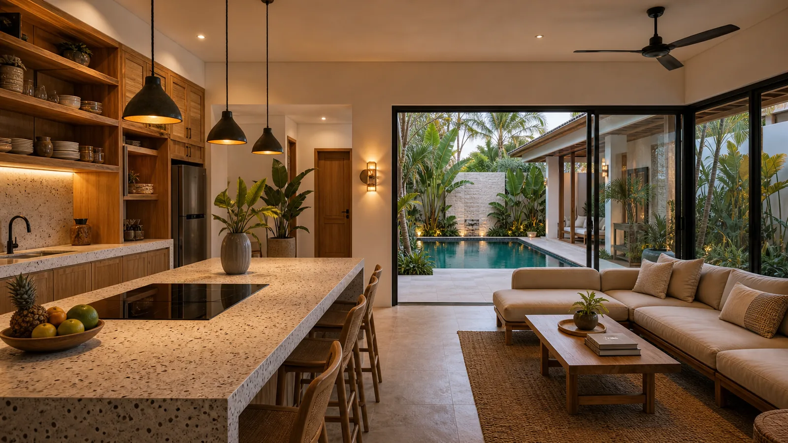 Seminyak rental villa kitchen and living pavilion