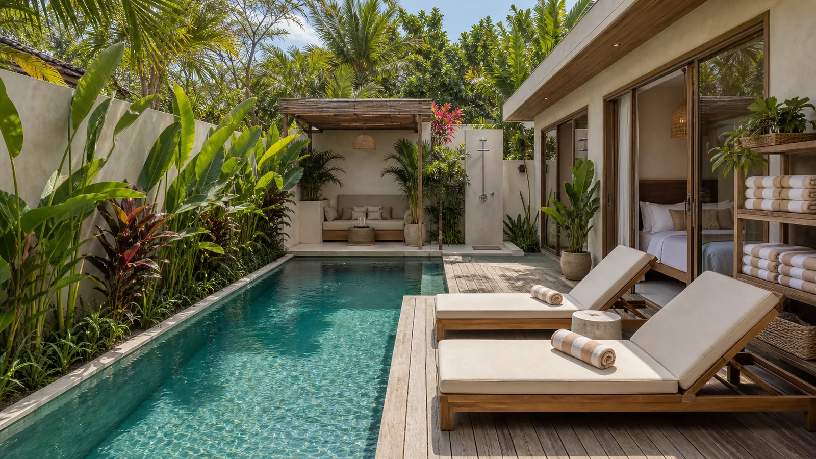 Berawa villa pool deck arranged for rental guests