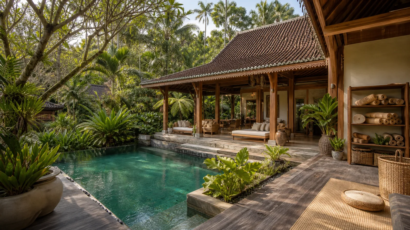 Ubud villa wellness pavilion beside a jungle pool