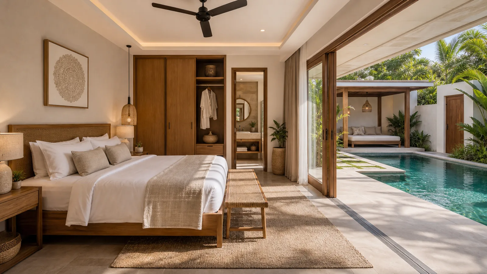 Seminyak villa bedroom opening to a private pool