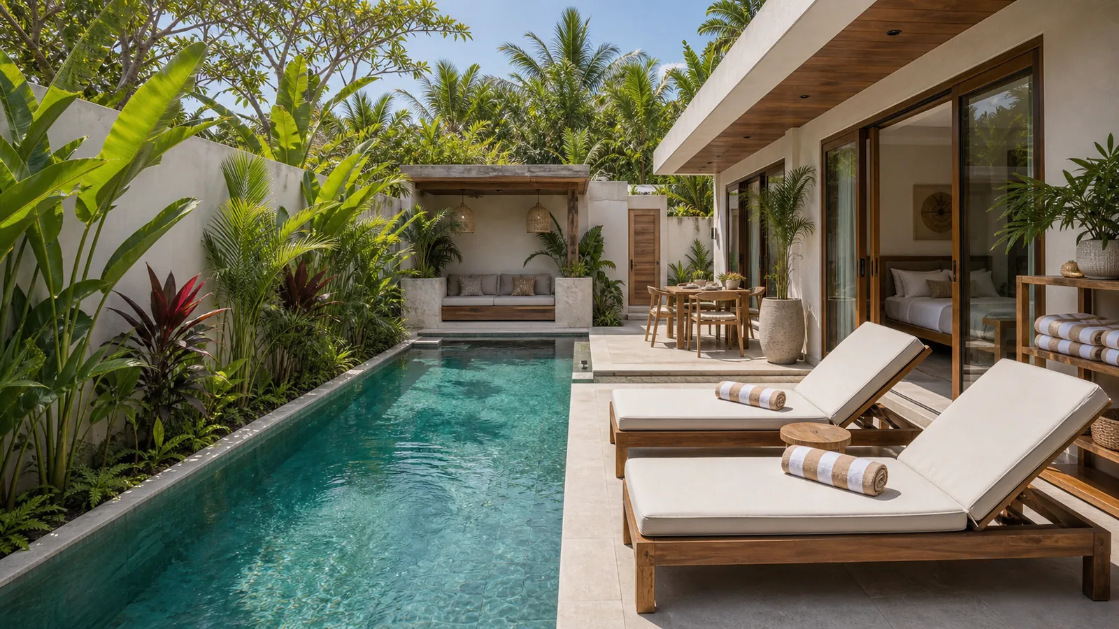 Berawa guest pool deck with sun loungers and outdoor shower
